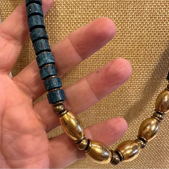 Gorgeous Blue- Green Gemstone Necklace w/ antique gold beads- Apatite tube beads - Picture 4 of 11